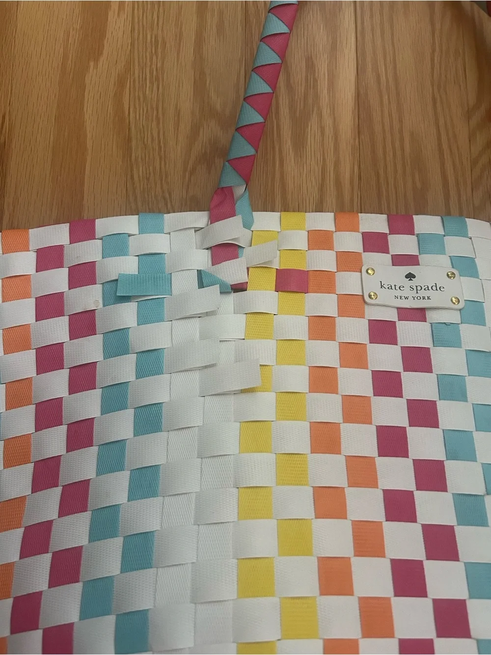 kate spade Multicolor Woven Checker Tote - White, Pink, Yellow, Blue, Orange